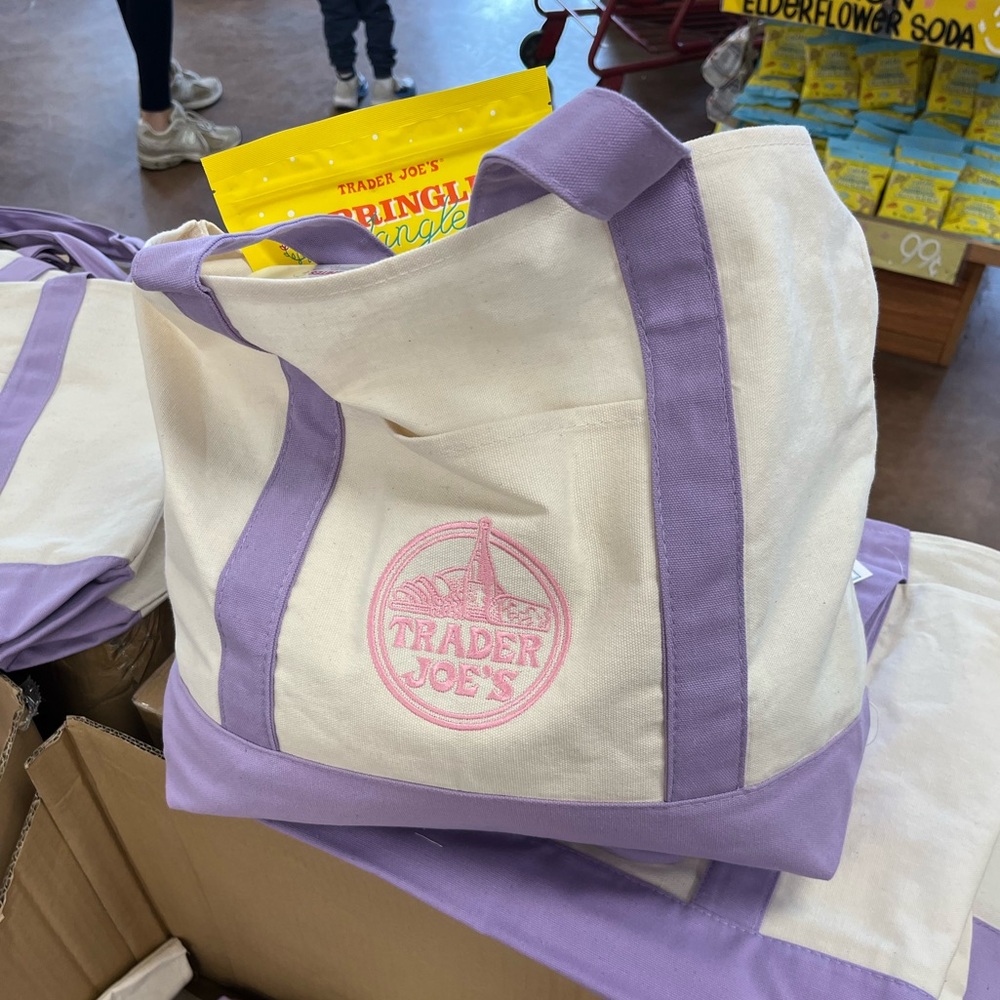 Viral NWT TRADER JOE’s Ivory Cream Canvas Tote with Lavender Accents & Pink logo